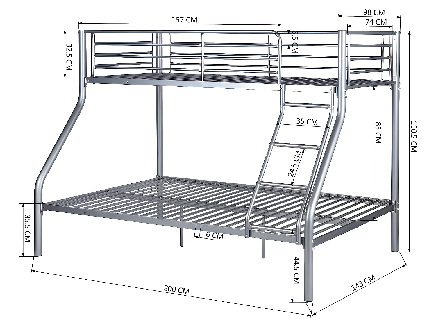 Meubles Cosy Lit superposes Lit surélevé pour 3 Personnes Sommier inclus 90x190 et 140x190cm Métal laqué Gris Style Industriel
