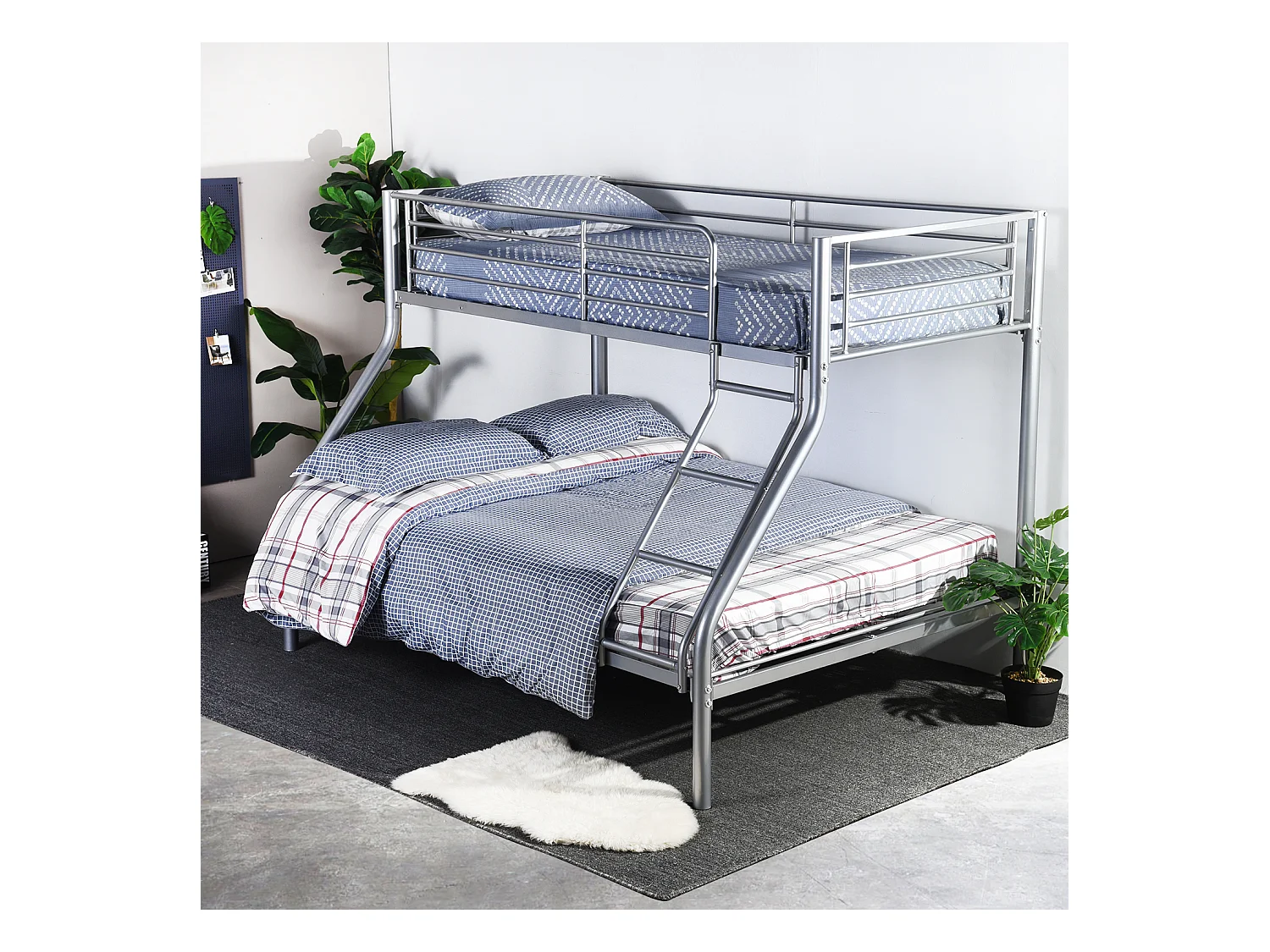Meubles Cosy Lit superposes Lit surélevé pour 3 Personnes Sommier inclus 90x190 et 140x190cm Métal laqué Gris Style Industriel