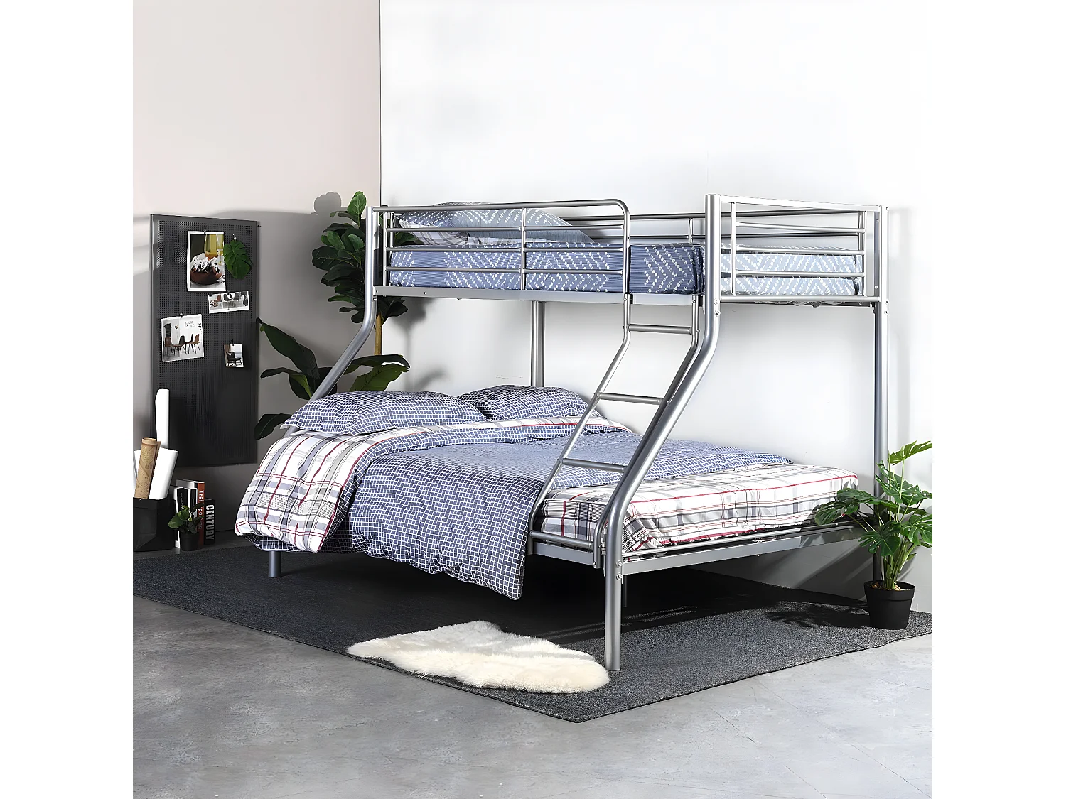 Meubles Cosy Lit superposes Lit surélevé pour 3 Personnes Sommier inclus 90x190 et 140x190cm Métal laqué Gris Style Industriel