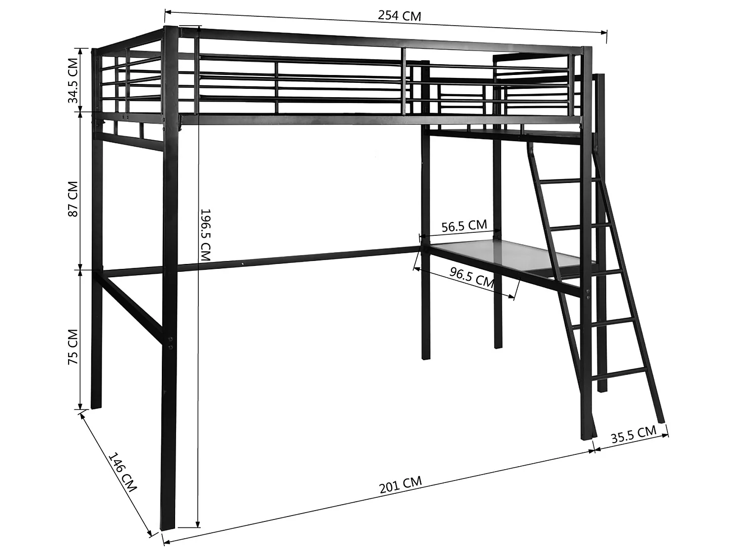 Meubles Cosy Lit mezzanine Lits superposes Lit surélevé pour 2 Personnes Sommier inclus 140 x 190 cm Métal laqué Noir Style Industriel