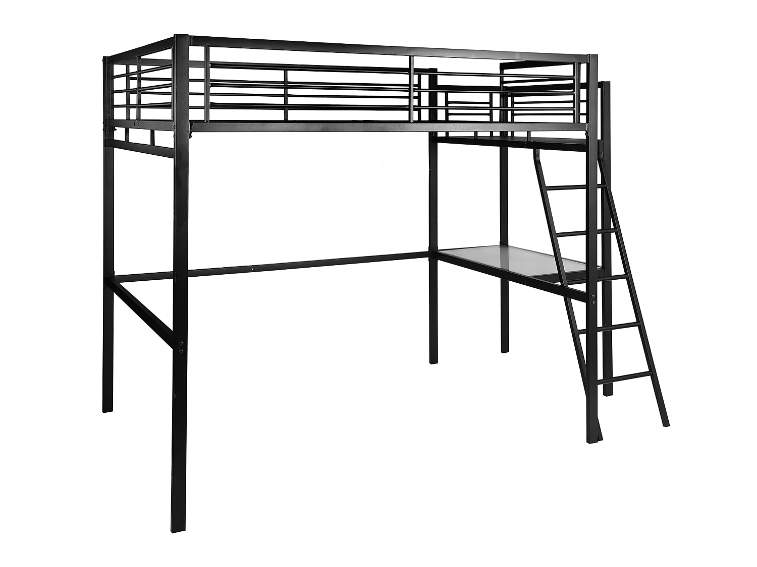 Meubles Cosy Lit mezzanine Lits superposes Lit surélevé pour 2 Personnes Sommier inclus 140 x 190 cm Métal laqué Noir Style Industriel