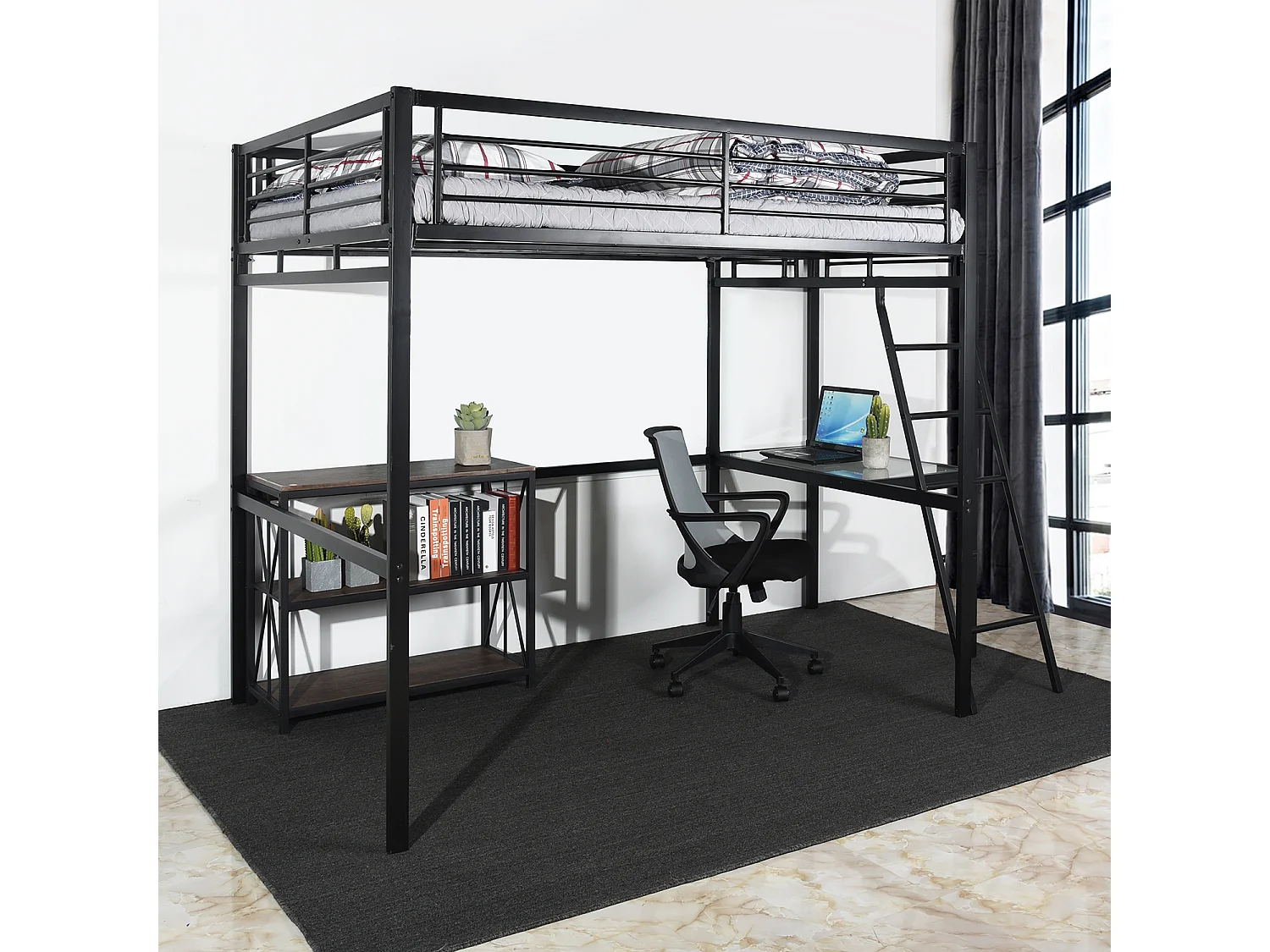 Meubles Cosy Lit mezzanine Lits superposes Lit surélevé pour 2 Personnes Sommier inclus 140 x 190 cm Métal laqué Noir Style Industriel