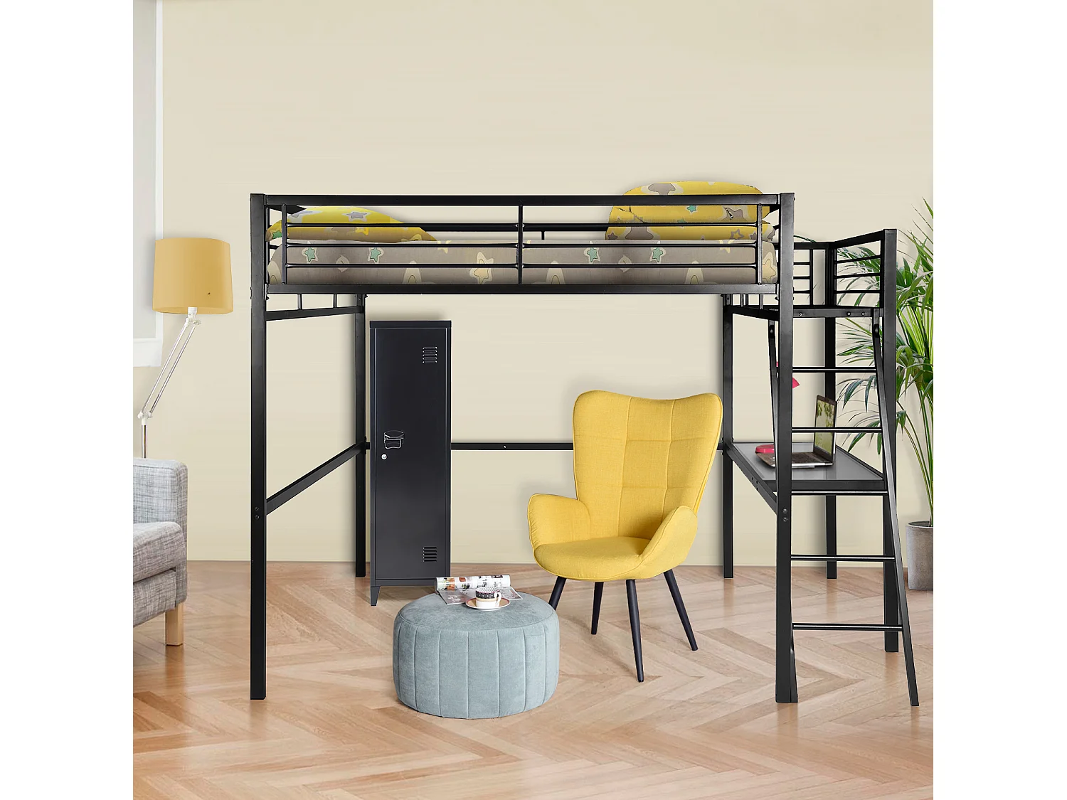 Meubles Cosy Lit mezzanine Lits superposes Lit surélevé pour 2 Personnes Sommier inclus 140 x 190 cm Métal laqué Noir Style Industriel