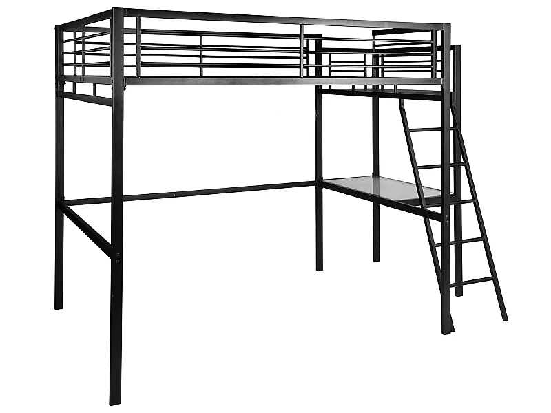 Meubles Cosy Lit mezzanine Lits superposes Lit surélevé pour 2 Personnes Sommier inclus 140 x 190 cm Métal laqué Noir Style Industriel