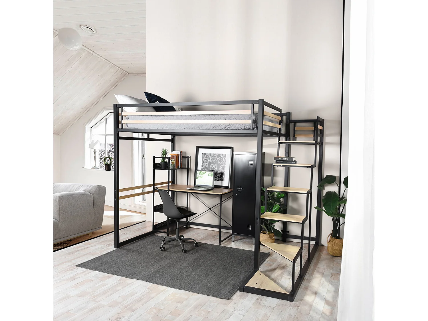 Meubles Cosy Lit mezzanine pour 2 Personnes Sommier inclus 140 x 200 cm Métal laqué noir et effet chêne Style Industriel