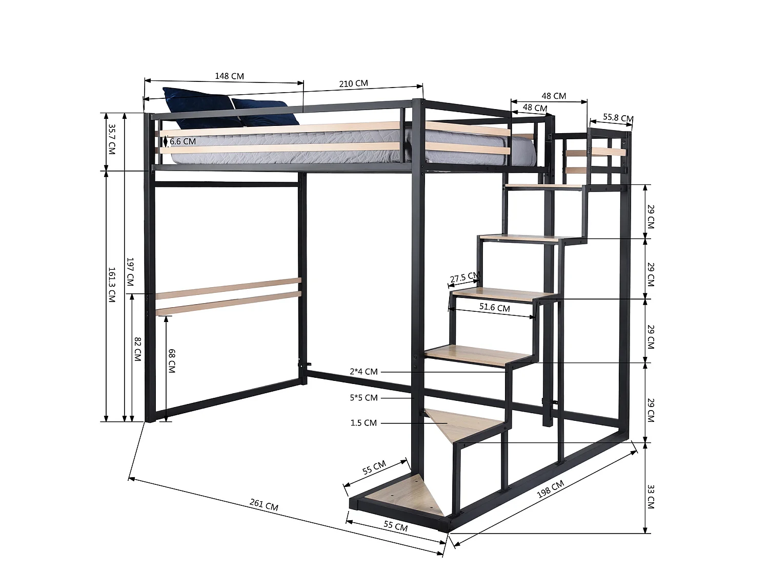 Meubles Cosy Lit mezzanine pour 2 Personnes Sommier inclus 140 x 200 cm Métal laqué noir et effet chêne Style Industriel