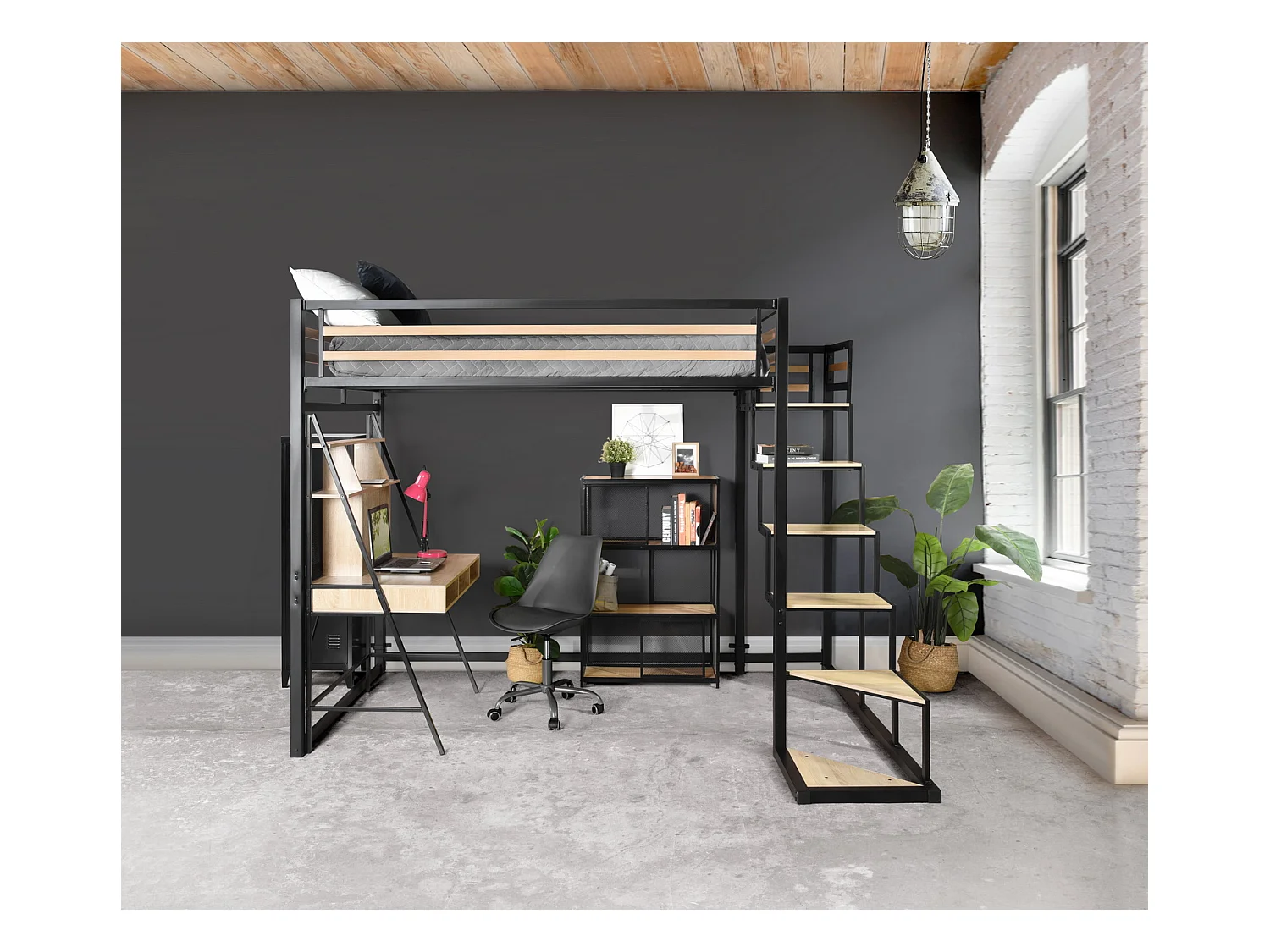 Meubles Cosy Lit mezzanine pour 2 Personnes Sommier inclus 140 x 200 cm Métal laqué noir et effet chêne Style Industriel