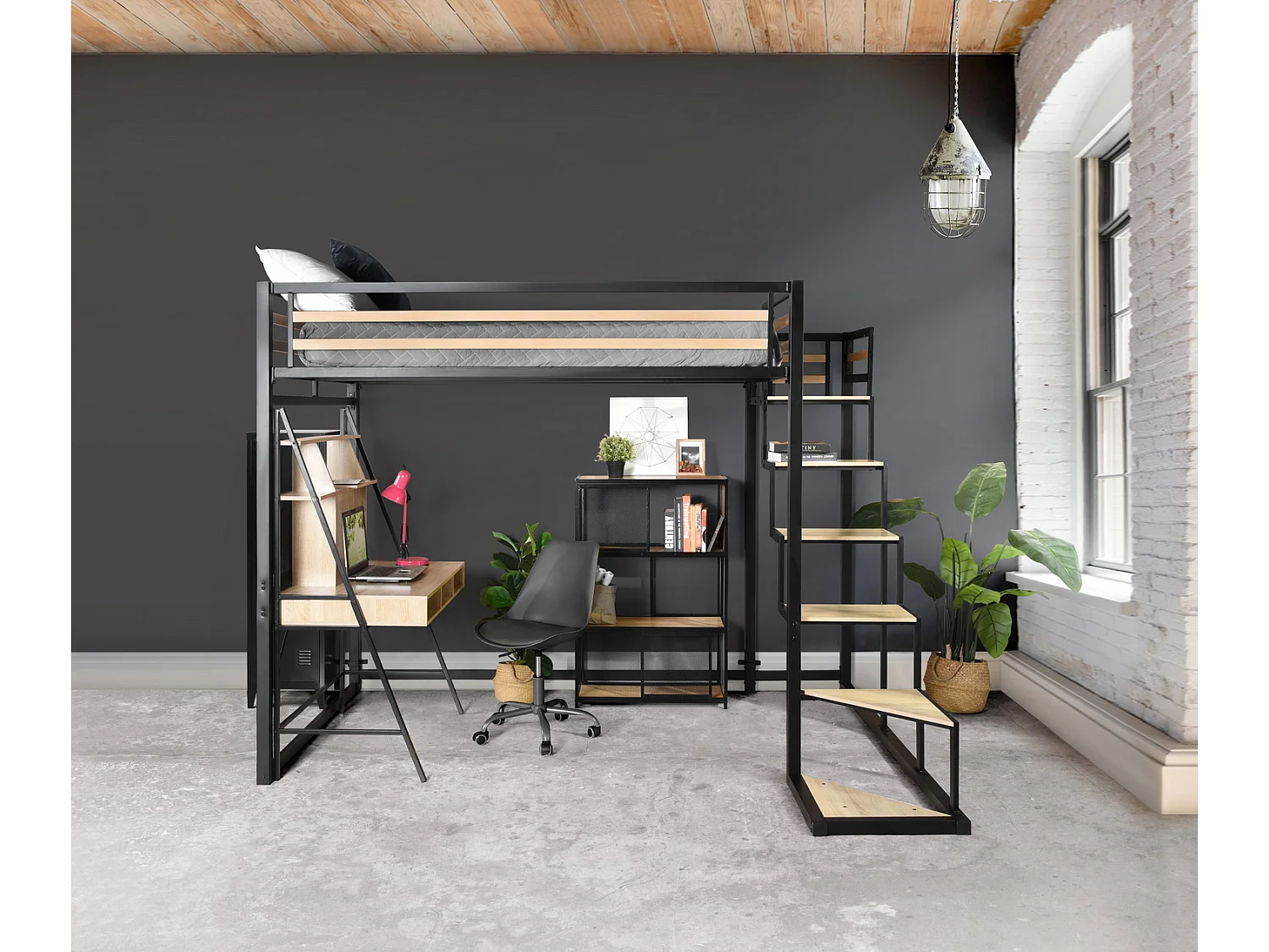 Meubles Cosy Lit mezzanine pour 2 Personnes Sommier inclus 140 x 200 cm Métal laqué noir et effet chêne Style Industriel