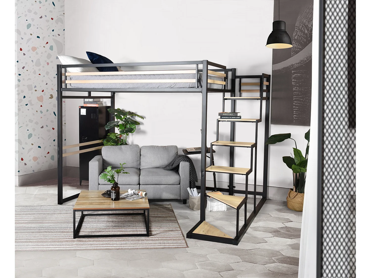 Meubles Cosy Lit mezzanine pour 2 Personnes Sommier inclus 140 x 200 cm Métal laqué noir et effet chêne Style Industriel