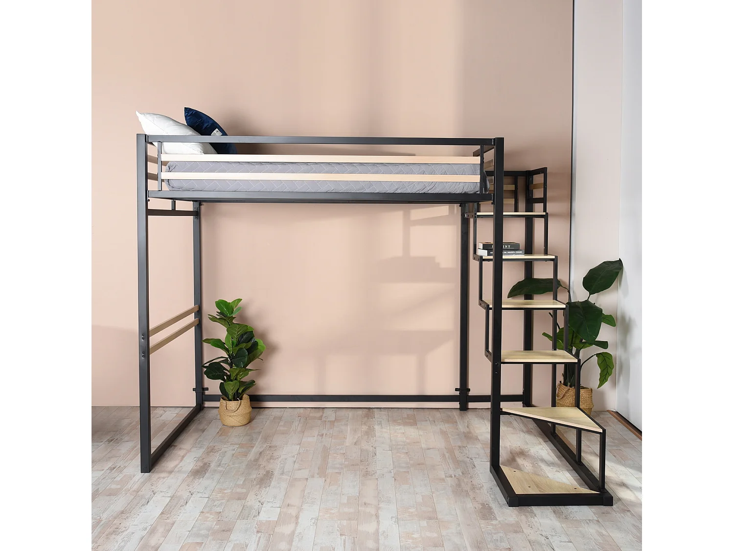 Lit Mezzanine Industriel 140x200 Cm - Bois Chêne Et Métal Noir, Pour Ado Ou Petit Espace