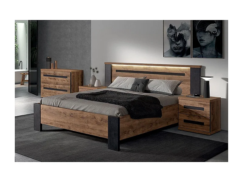CANDAS - Chambre 140x190cm + Chevets + Commode Effet Bois