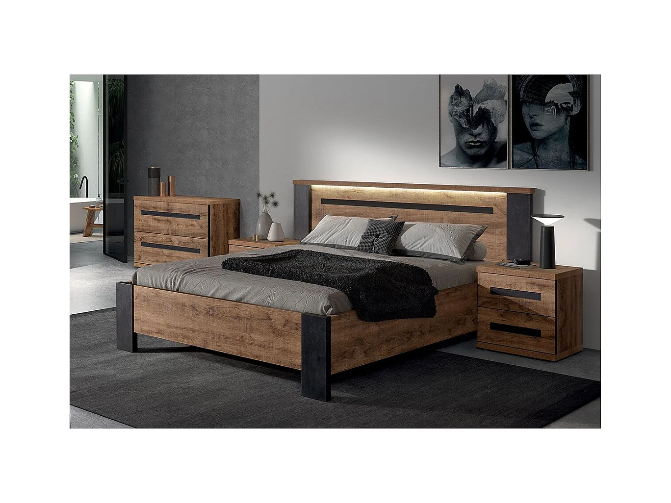 CANDAS - Chambre 140x190cm + Chevets + Commode Effet Bois