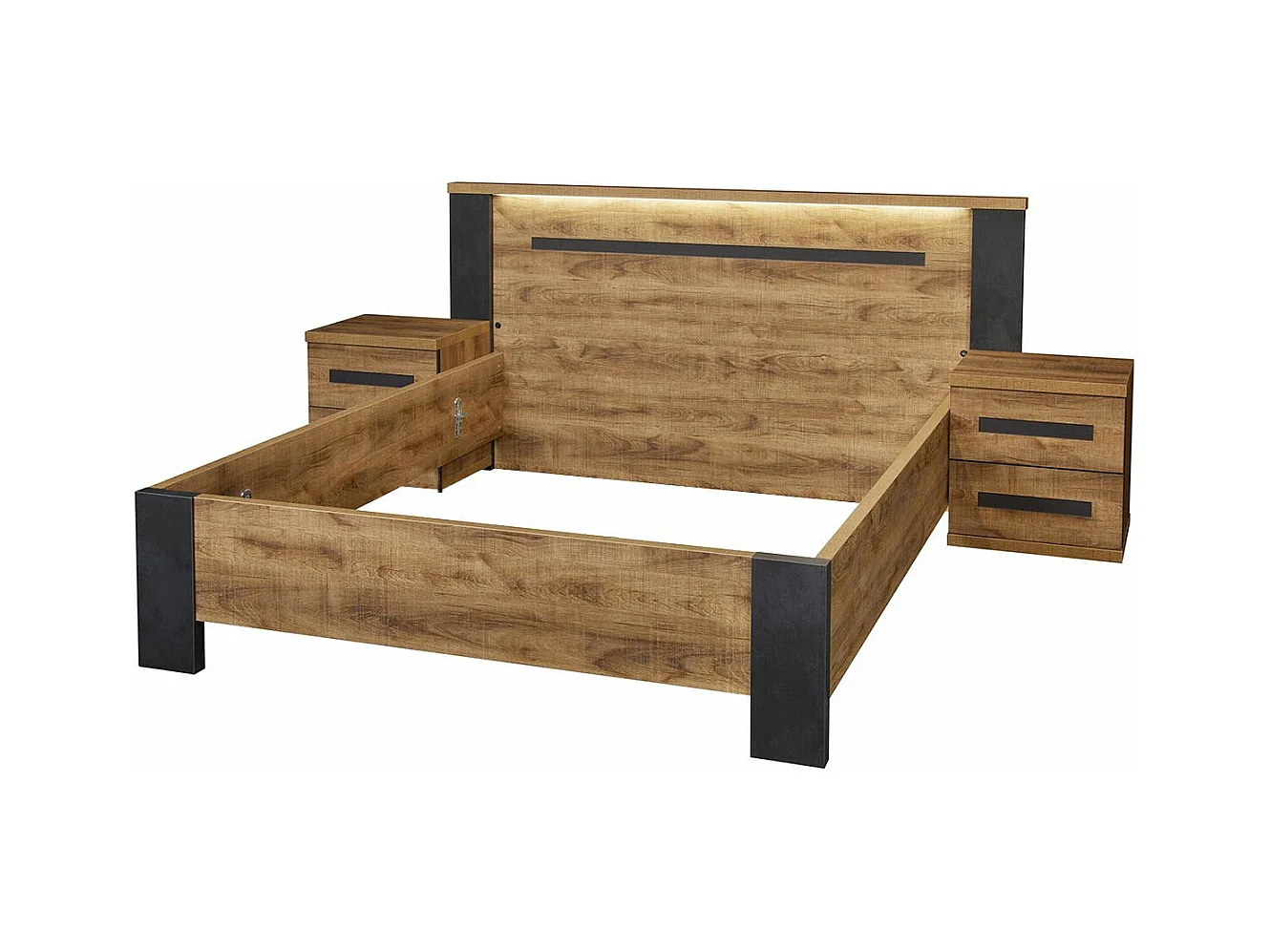 CANDAS - Ensemble Lit 140x190cm + Chevets Effet Bois