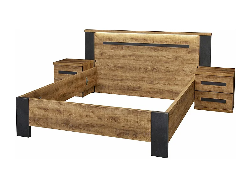 CANDAS - Ensemble Lit 140x190cm + Chevets Effet Bois