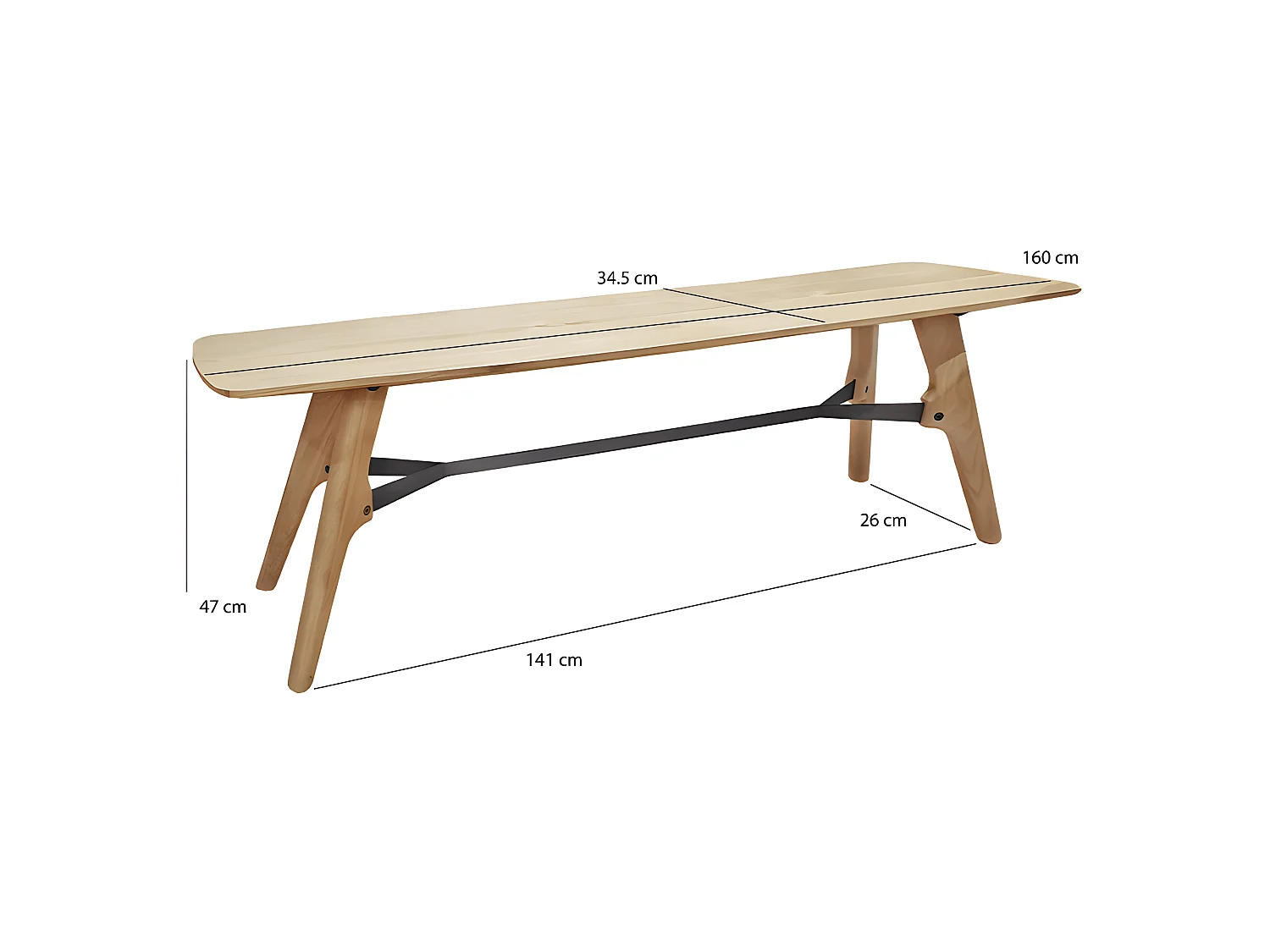 Banc bois plaqué chêne pieds chêne massif et métal 160cm - NATTE 6724