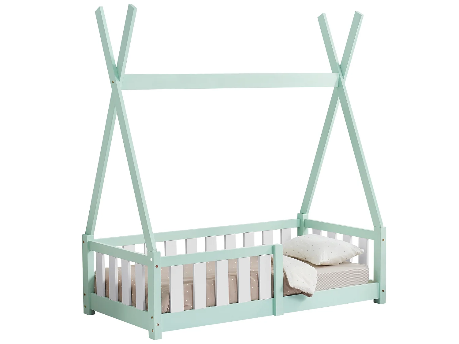 Lit Tipi pour Enfants Helsingborg avec Grille de Sécurité Pin 140 x 70 cm Menthe [en.casa]