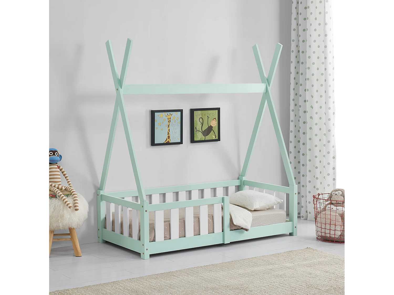 Lit Tipi pour Enfants Helsingborg avec Grille de Sécurité Pin 140 x 70 cm Menthe [en.casa]