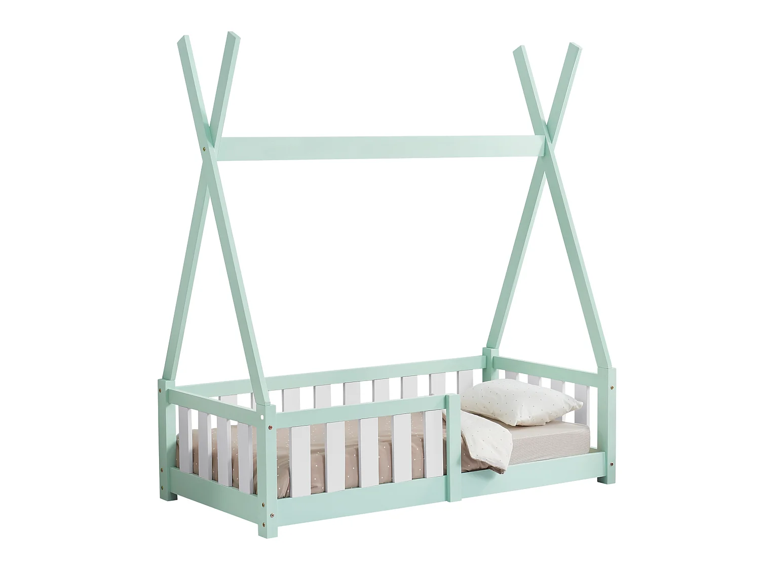 Lit Tipi pour Enfants Helsingborg avec Grille de Sécurité Pin 140 x 70 cm Menthe [en.casa]