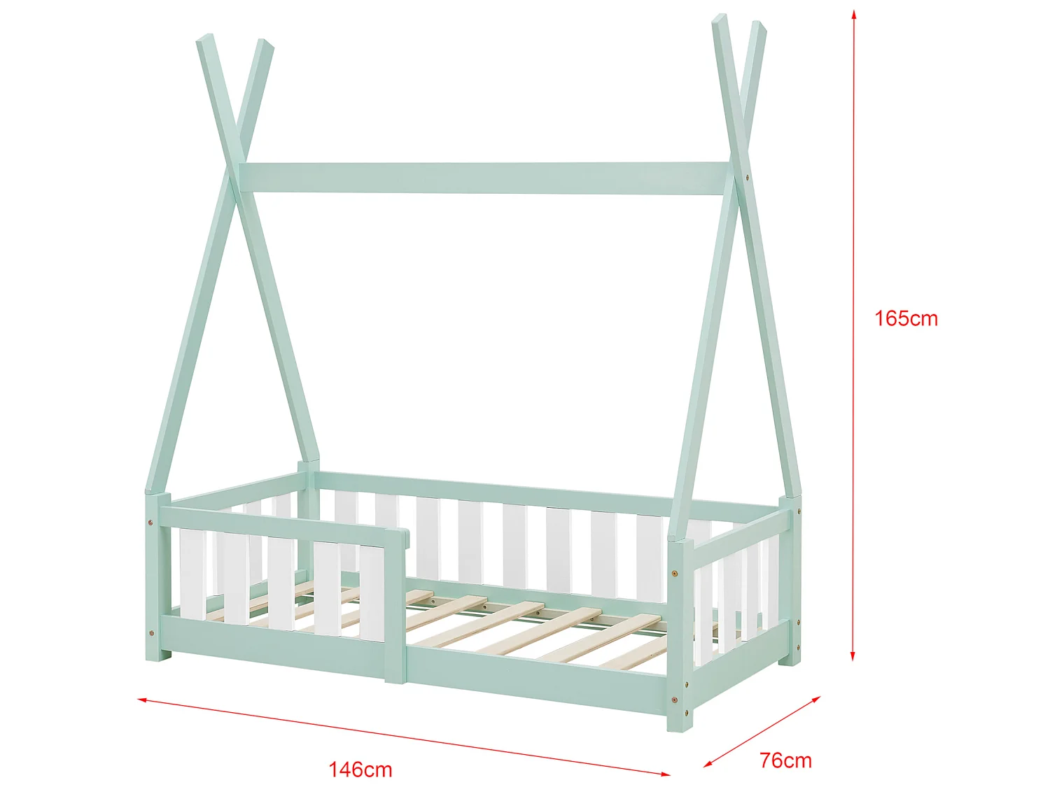 Lit Tipi pour Enfants Helsingborg avec Grille de Sécurité Pin 140 x 70 cm Menthe [en.casa]