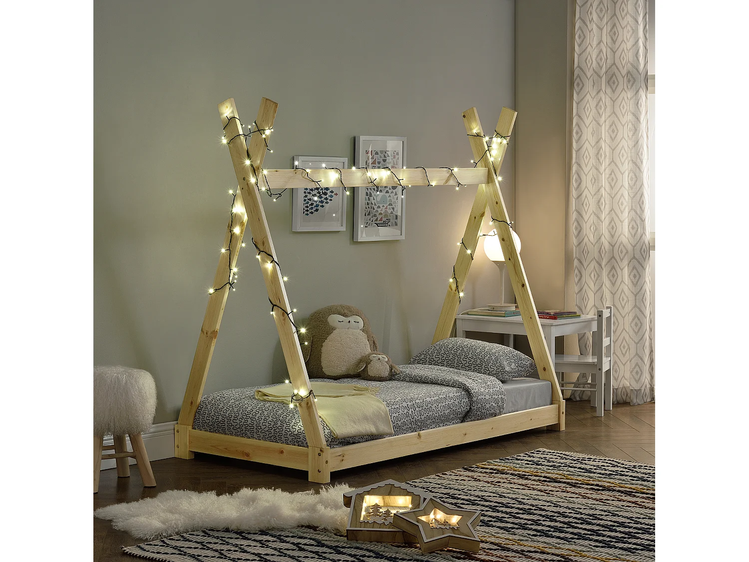 Lit de Tipi pour Enfant Onejda Bois Naturel 160 x 80 cm [en.casa]
