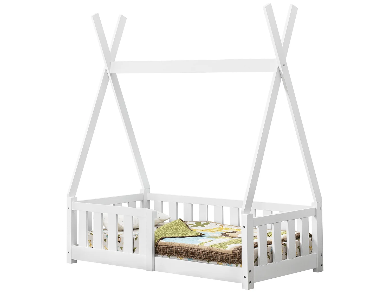 Lit Tipi pour Enfants Helsingborg avec Grille de Sécurité Pin 140 x 70 cm Blanc [en.casa]