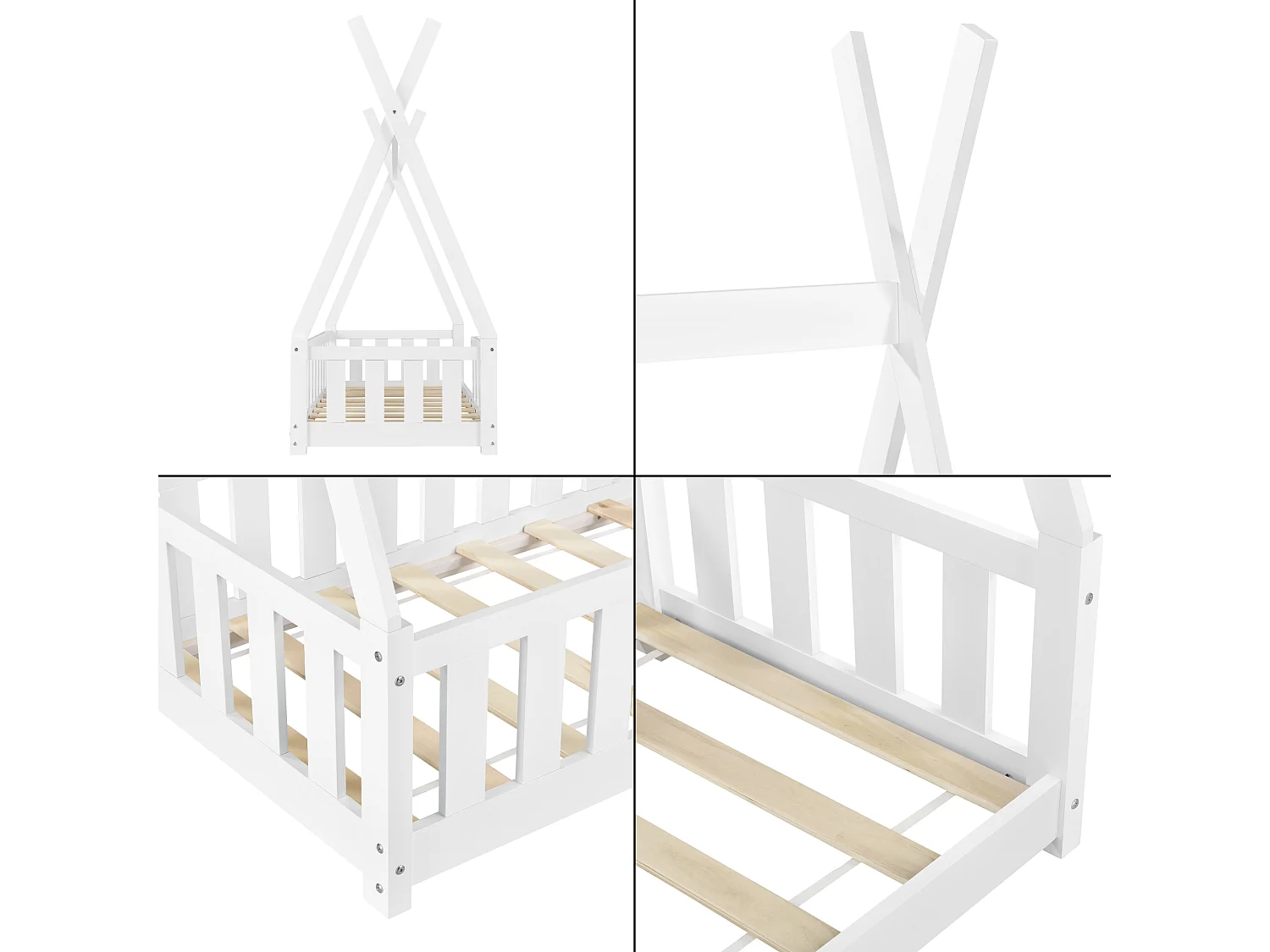 Lit Tipi pour Enfants Helsingborg avec Grille de Sécurité Pin 140 x 70 cm Blanc [en.casa]