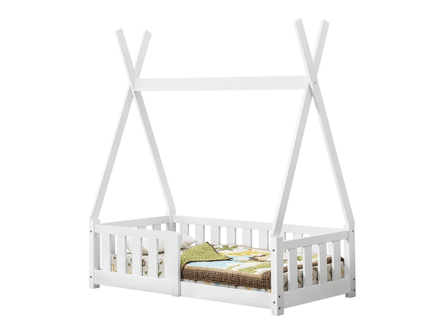 Lit Tipi pour Enfants Helsingborg avec Grille de Sécurité Pin 140 x 70 cm Blanc [en.casa]