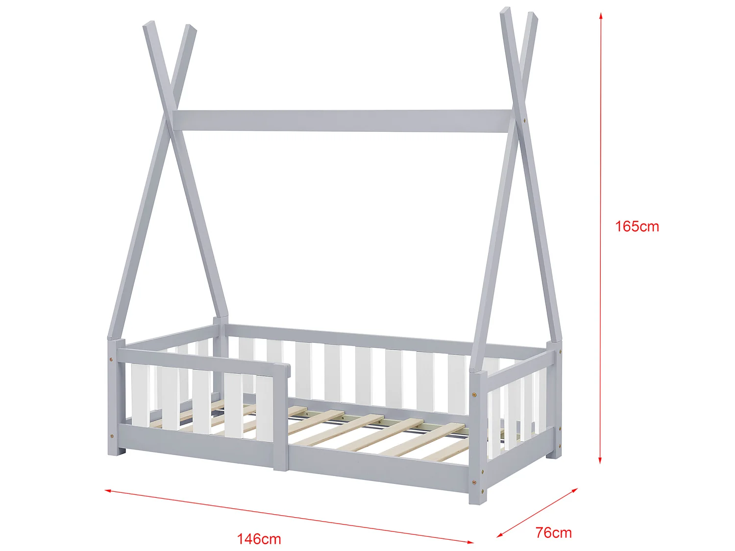 Lit Tipi pour Enfants Helsingborg avec Grille de Sécurité Pin 140 x 70 cm Gris Clair [en.casa]