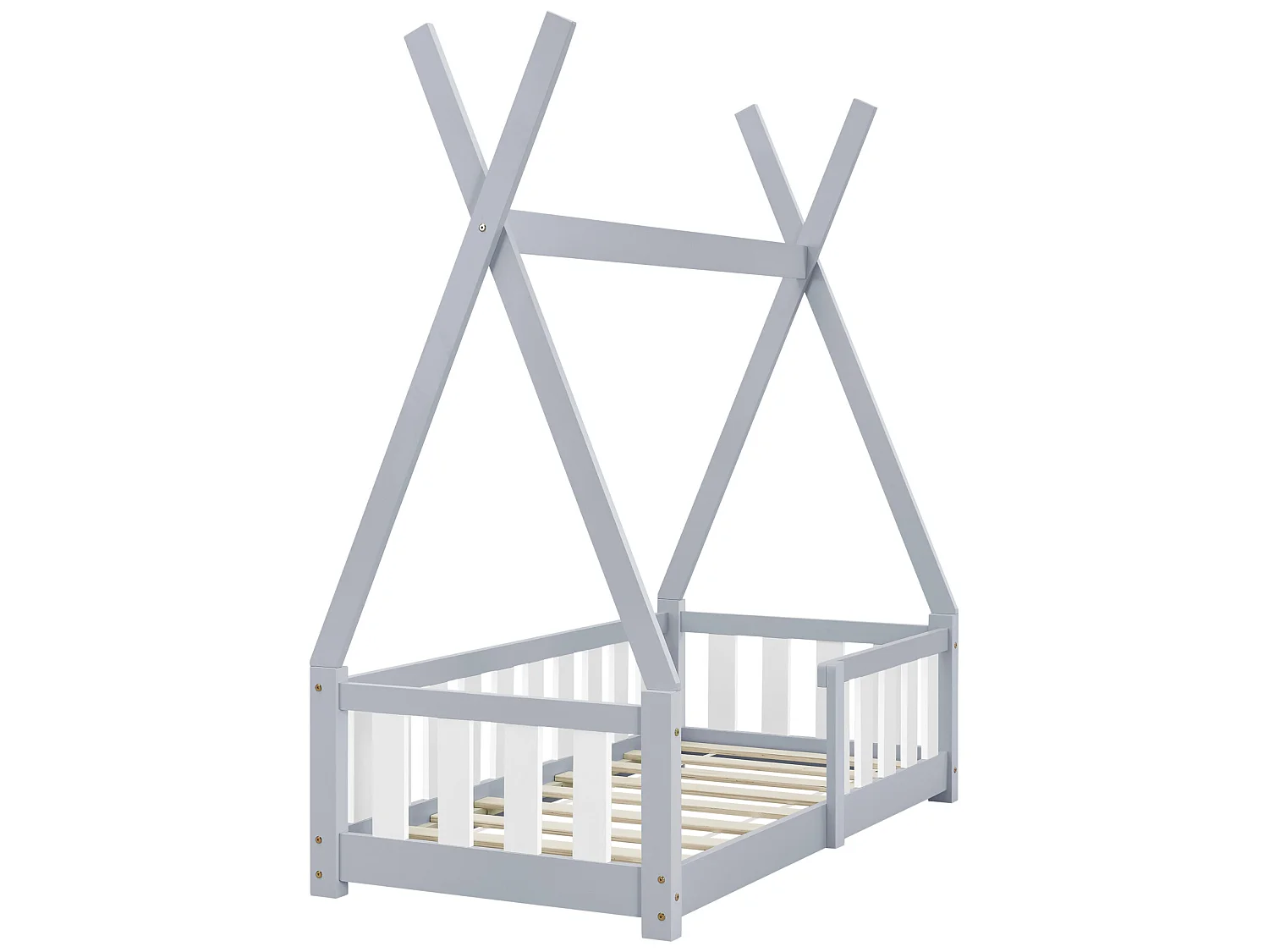 Lit Tipi pour Enfants Helsingborg avec Grille de Sécurité Pin 140 x 70 cm Gris Clair [en.casa]