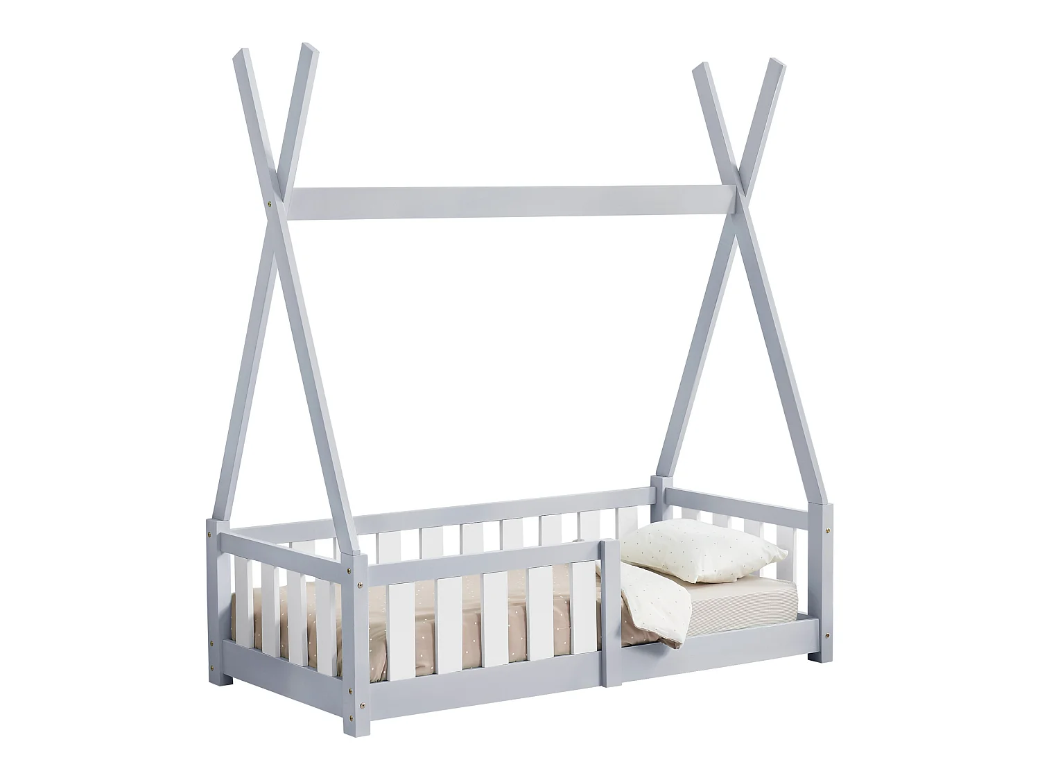 Lit Tipi pour Enfants Helsingborg avec Grille de Sécurité Pin 140 x 70 cm Gris Clair [en.casa]