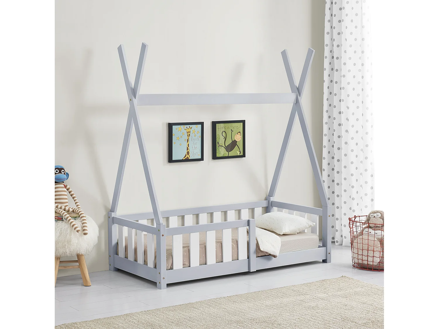 Lit Tipi pour Enfants Helsingborg avec Grille de Sécurité Pin 140 x 70 cm Gris Clair [en.casa]