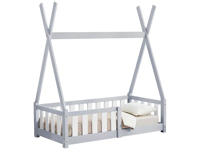 Lit Tipi pour Enfants Helsingborg avec Grille de Sécurité Pin 140 x 70 cm Gris Clair [en.casa]