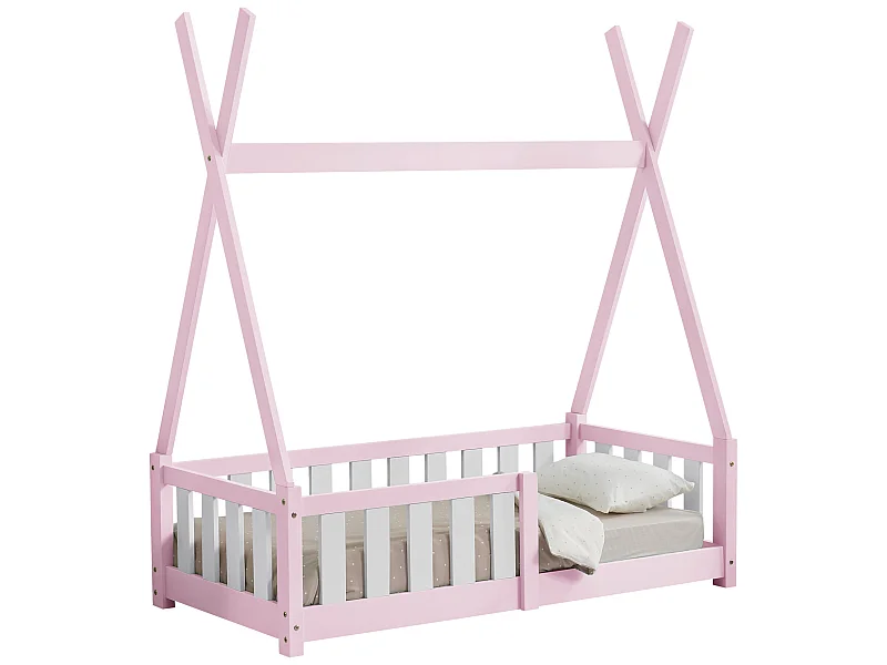Lit Tipi pour Enfants Helsingborg avec Grille de Sécurité Pin 140 x 70 cm Rose [en.casa]