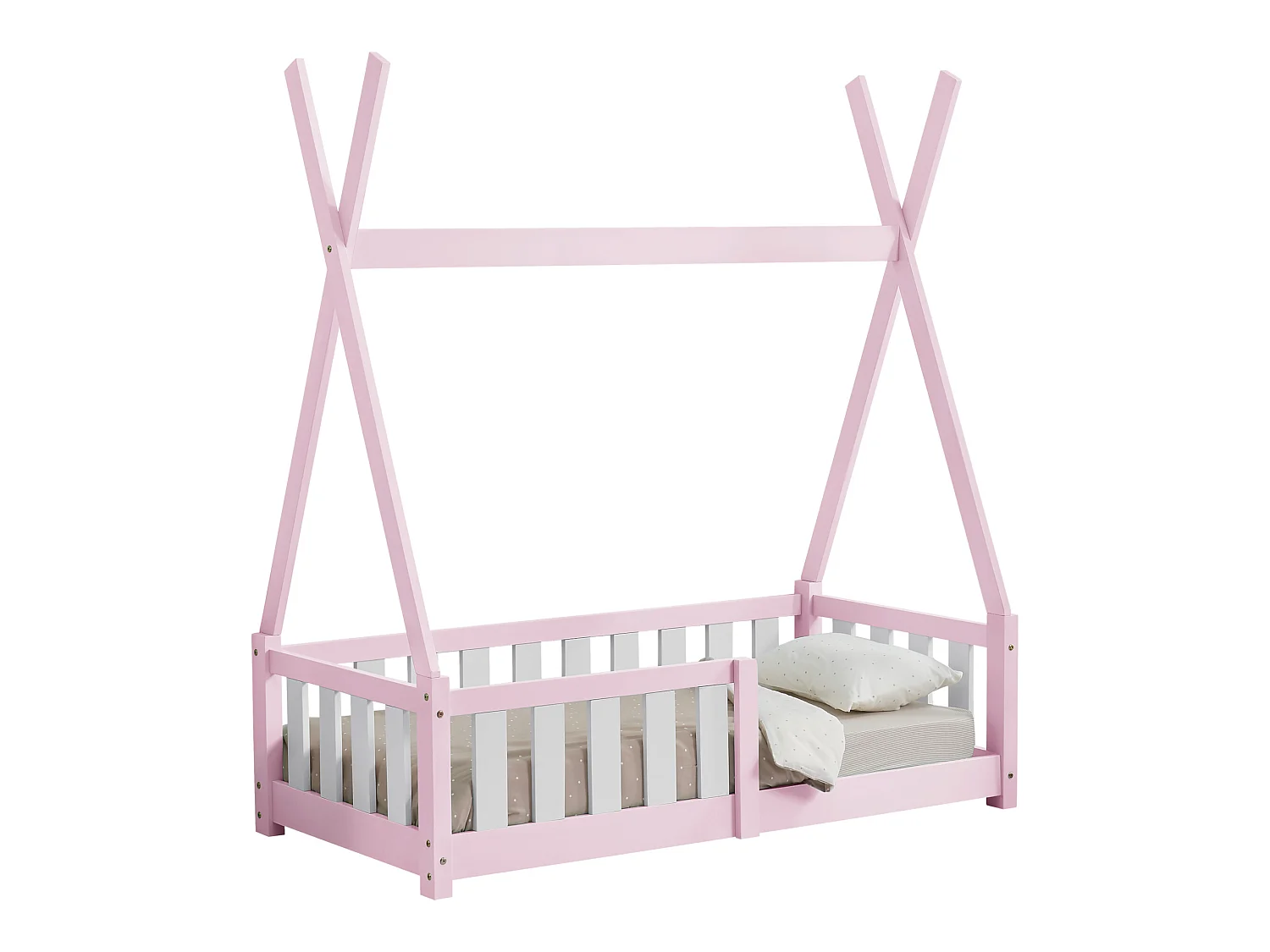Lit Tipi pour Enfants Helsingborg avec Grille de Sécurité Pin 140 x 70 cm Rose [en.casa]