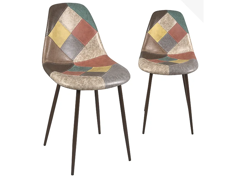 Juego de 2 sillas patchwork multicolor acolchadas para comedor o sala de estar, patas de metal tono madera oscura NOVA
