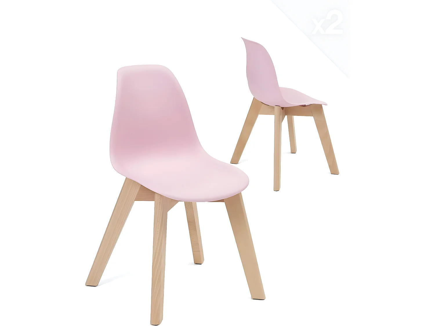 Lote de 2 sillas escandinavas para niños, asiento de plástico flexible y resistente, patas de madera de haya clara JUBA (rosa)