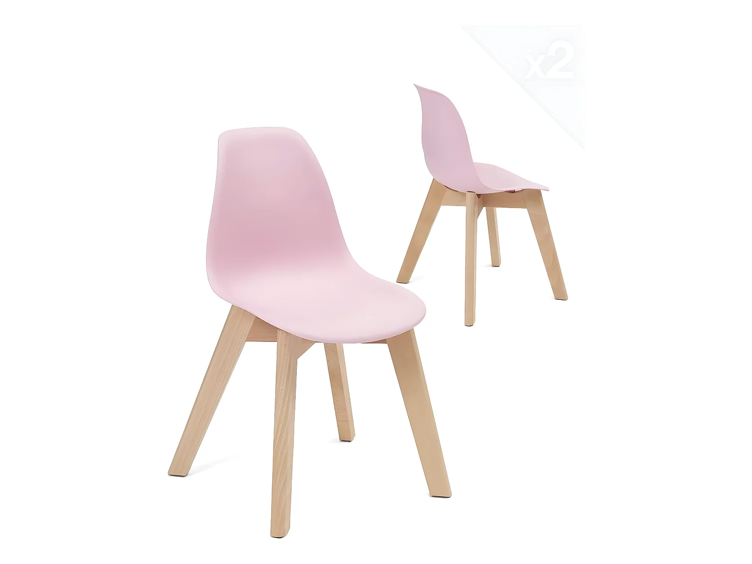 Set van 2 Scandinavische kinderstoelen soepele resistente plastieken zitting lichte houten poten JUBA (Roze)