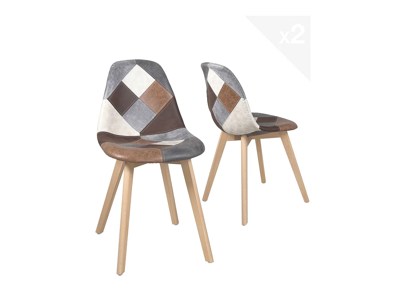 Lot 2 chaises patchwork multicolore scandinaves rembourré pieds bois clair NADA (marron)