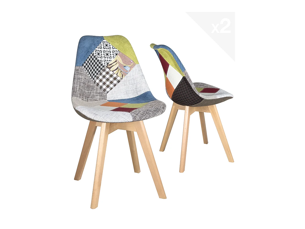 Lot 2 chaises scandinaves patchwork multicolore tissu rembourré pieds bois LAO