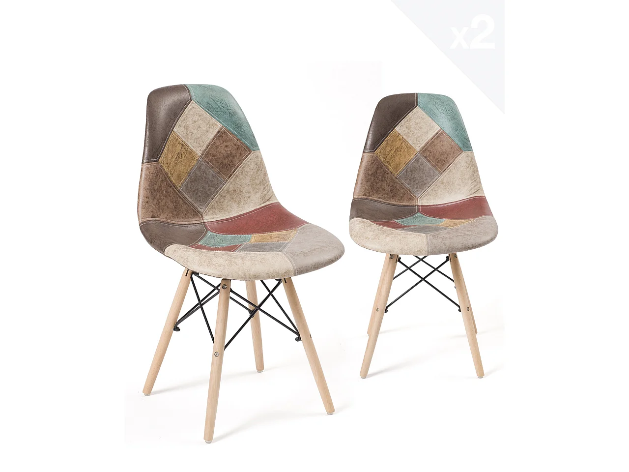 Lot 2 chaises scandinaves siège patchwork rembourré pieds bois NADIR (Marron)