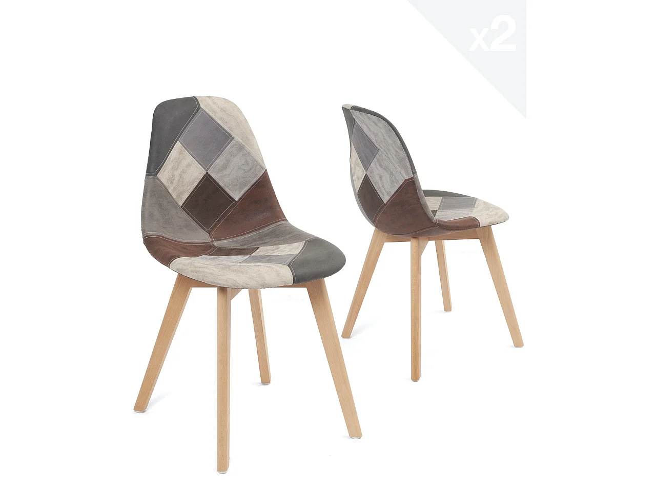 Lot 2 chaises patchwork multicolore scandinaves rembourrées pieds bois clair NADA (gris bleu)