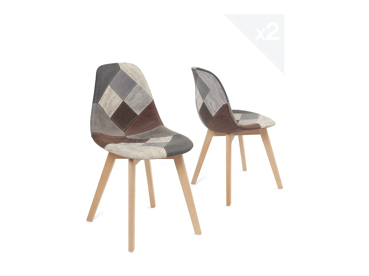 Lot 2 chaises patchwork multicolore scandinaves rembourrées pieds bois clair NADA (gris bleu)