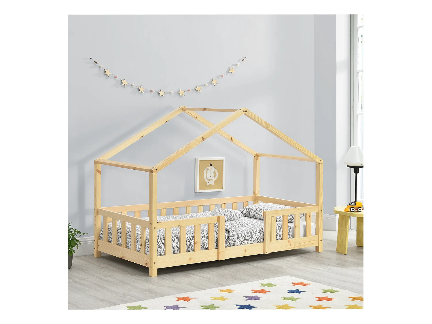 Lit d'Enfant Forme Maison avec Grille de Protection Treviolo 160 x 80 cm Bois Naturel [en.casa]