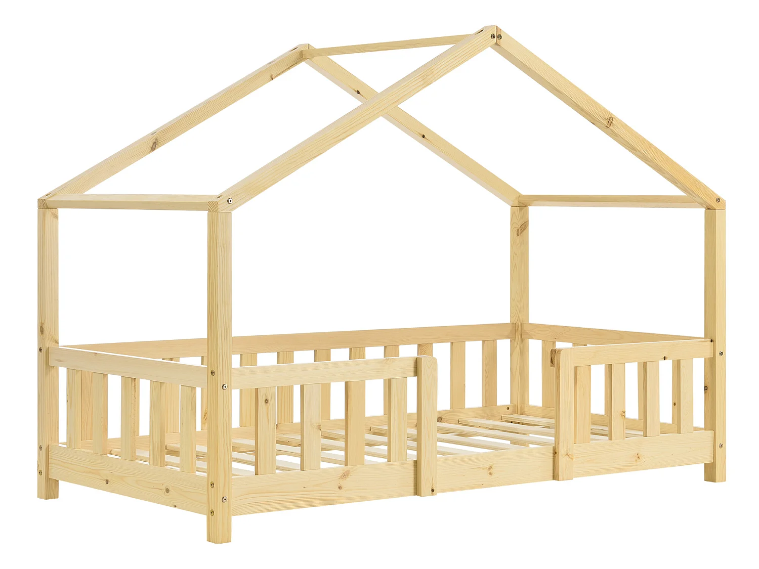 Lit d'Enfant Forme Maison avec Grille de Protection Treviolo 160 x 80 cm Bois Naturel [en.casa]
