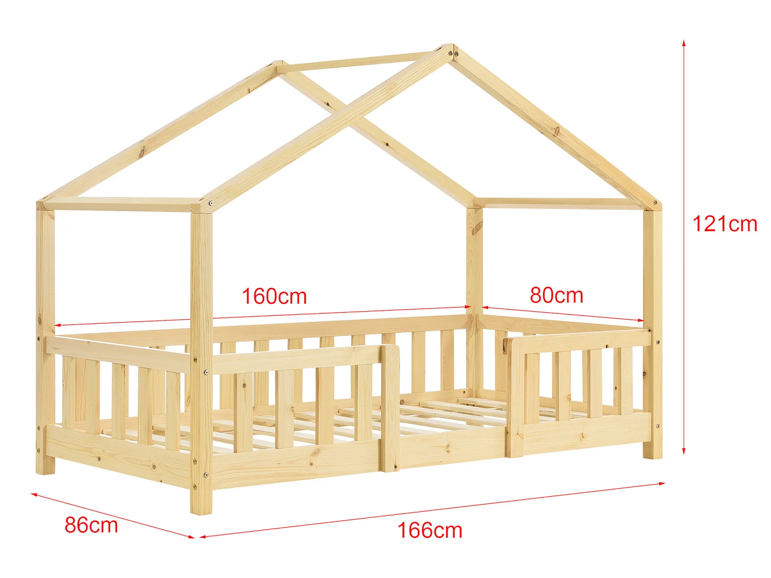 Lit d'Enfant Forme Maison avec Grille de Protection Treviolo 160 x 80 cm Bois Naturel [en.casa]