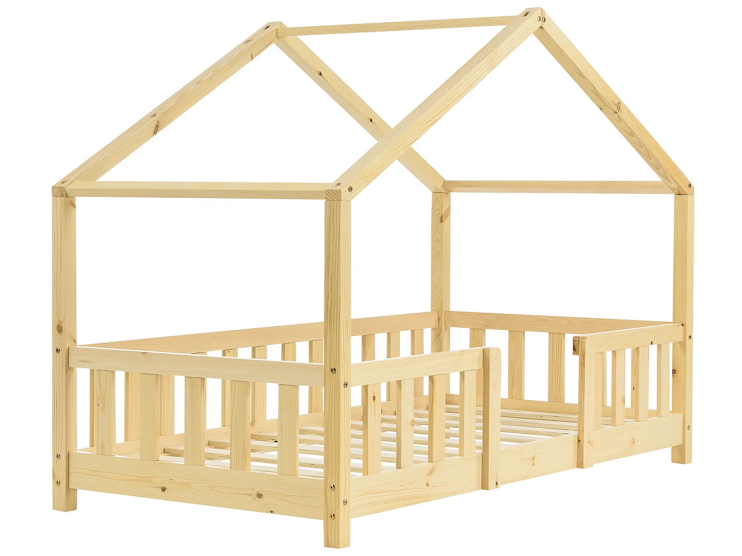 Lit d'Enfant Forme Maison avec Grille de Protection Treviolo 160 x 80 cm Bois Naturel [en.casa]