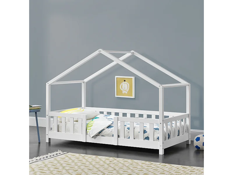 Lit d'Enfant Forme Maison avec Grille de Protection Treviolo 160 x 80 cm Blanc Mat Laqué [en.casa]