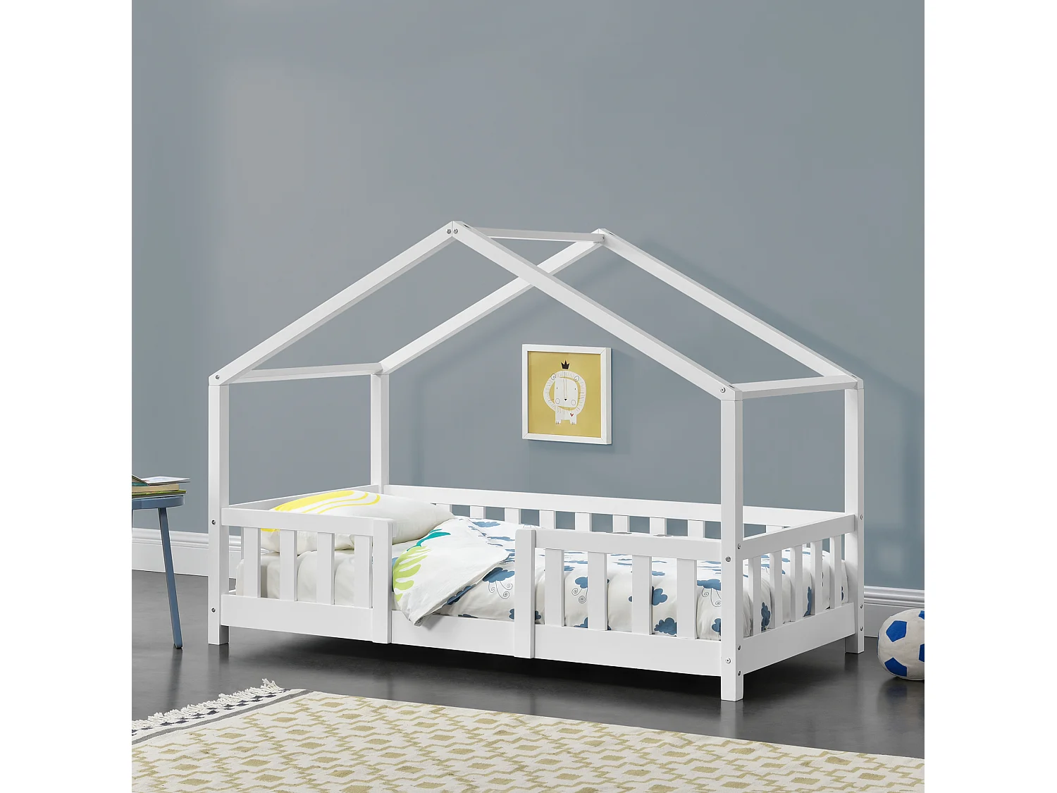 Lit d'Enfant Forme Maison avec Grille de Protection Treviolo 160 x 80 cm Blanc Mat Laqué [en.casa]