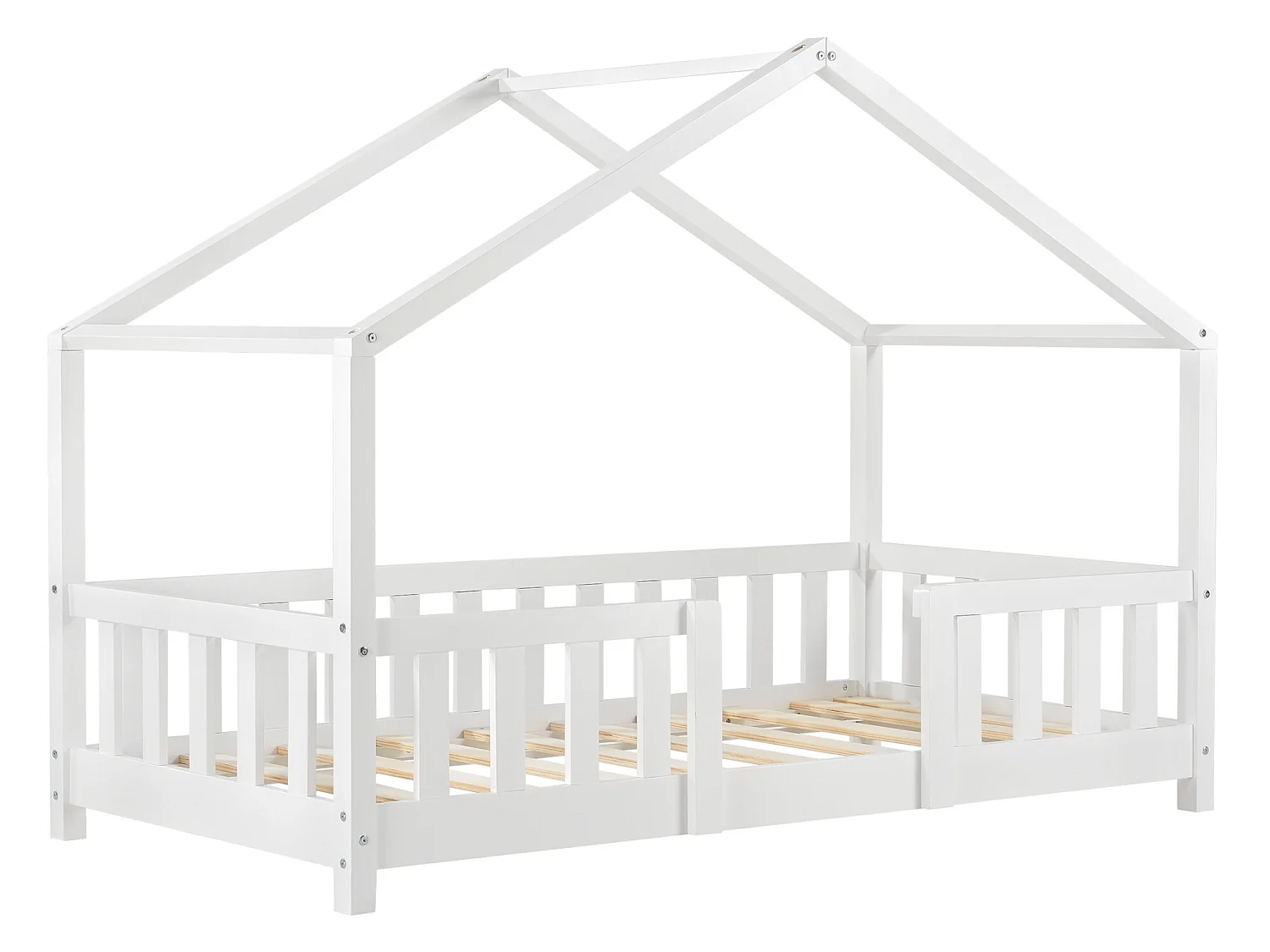 Lit d'Enfant Forme Maison avec Grille de Protection Treviolo 160 x 80 cm Blanc Mat Laqué [en.casa]