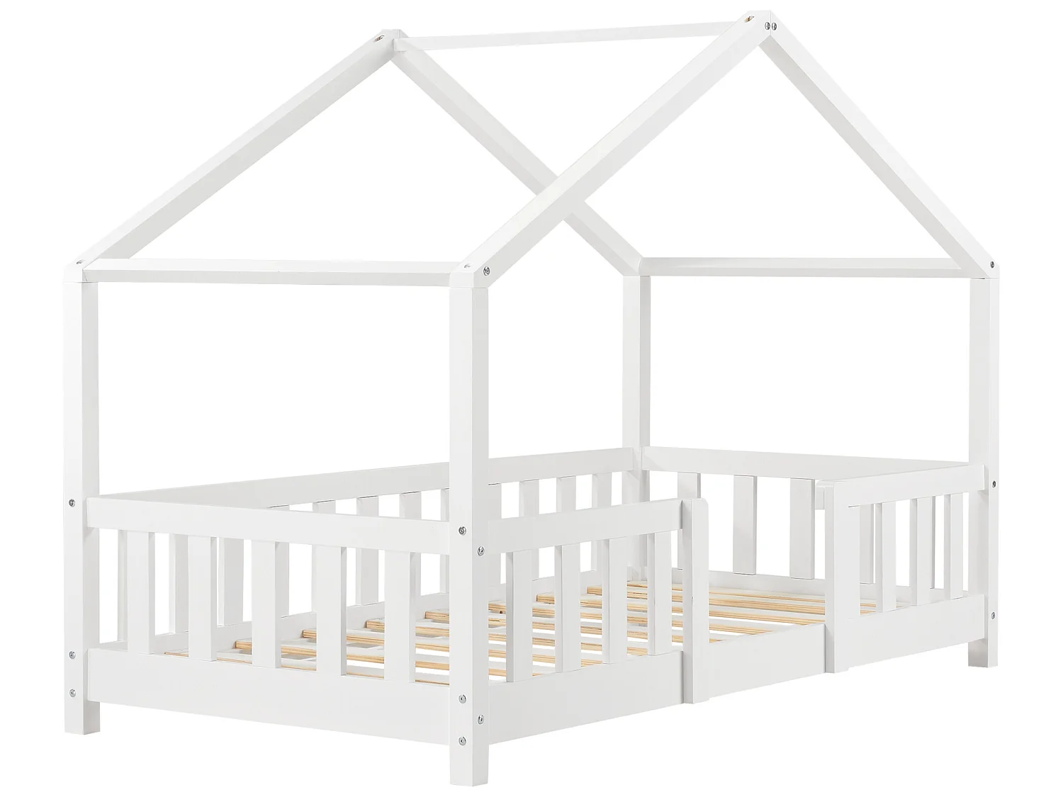 Lit d'Enfant Forme Maison avec Grille de Protection Treviolo 160 x 80 cm Blanc Mat Laqué [en.casa]